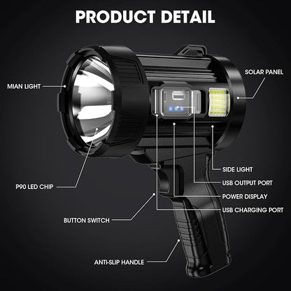 Kmivo Rechargeable Spotlight, 2,000,000 Lumens Super Bright Handheld Led Flashlight, Outdoor Spot Light with Cob Light and Solar Panelsfor Boating Camping