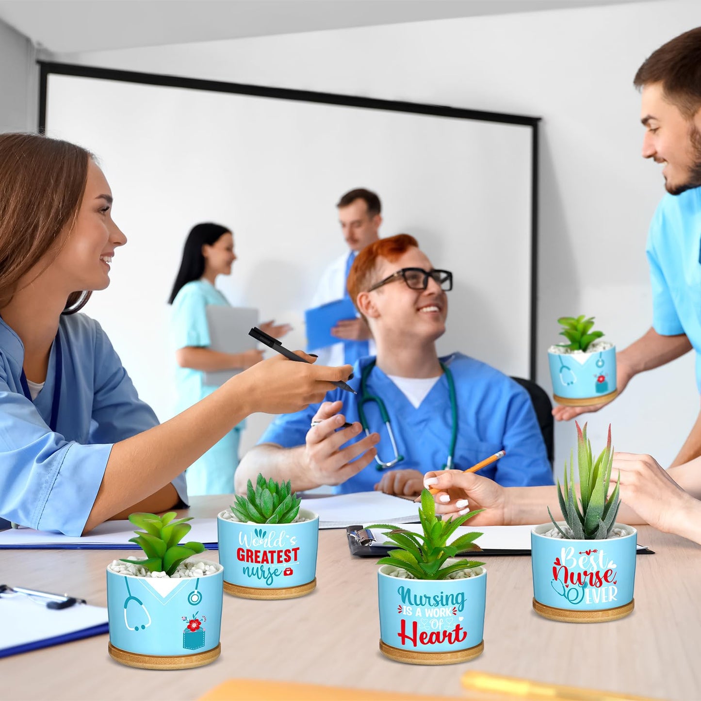 Domensi 9 Pcs Nurse Appreciation Gifts Ceramic Succulent Plant Pot with Bamboo Tray Ceramic Planter Accessories for Nurse Ever Gift Nurse Graduation Season Birthday Gifts