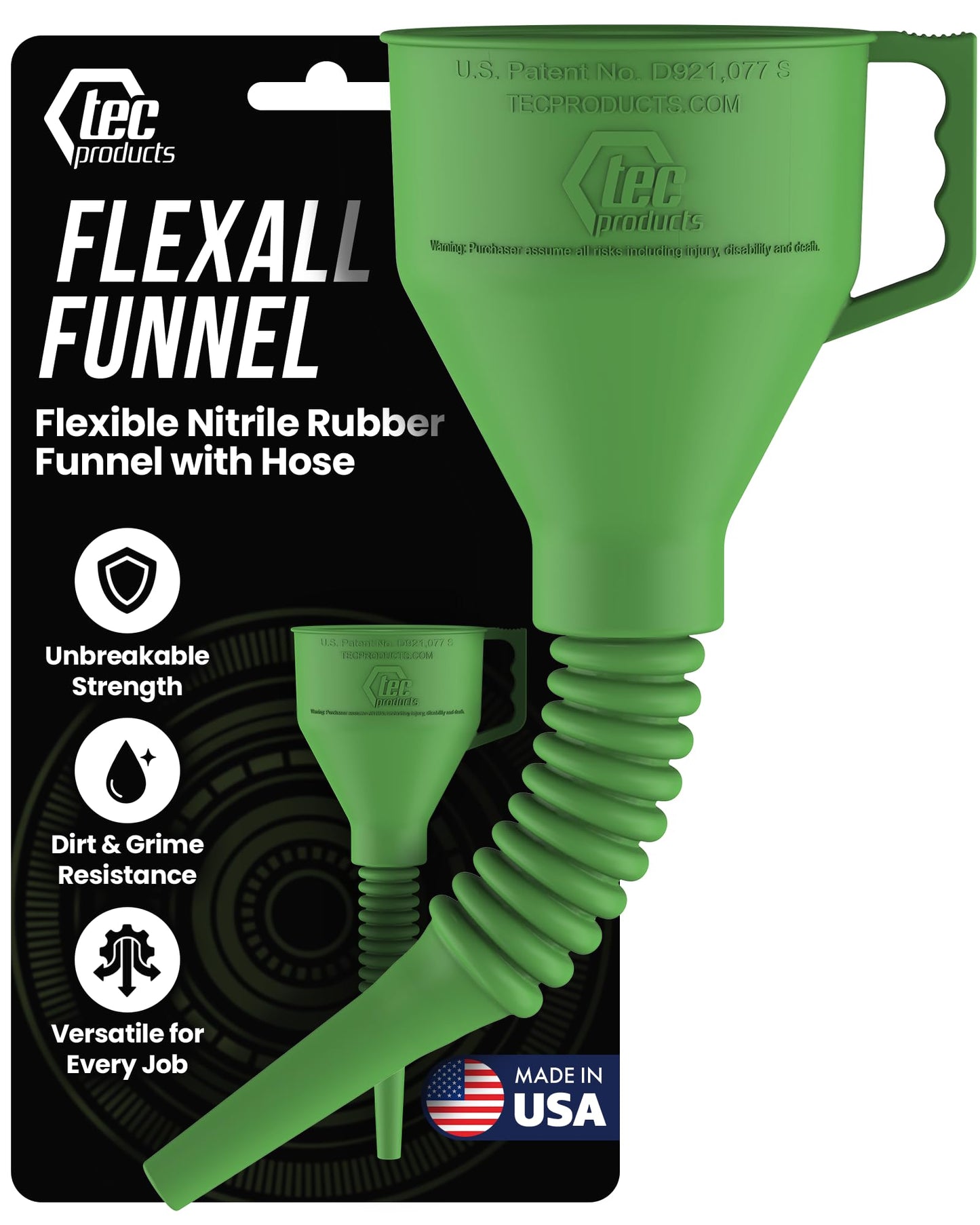 TEC Products FlexAll Long Flexible Funnels - Automotive Oil Funnel with Hose, Durable Nitrile Rubber for Oil Change, Transmission Funnel Fluid, Diesel, Fuel, Gas - Made in USA - Green (16 x 5 Inches)