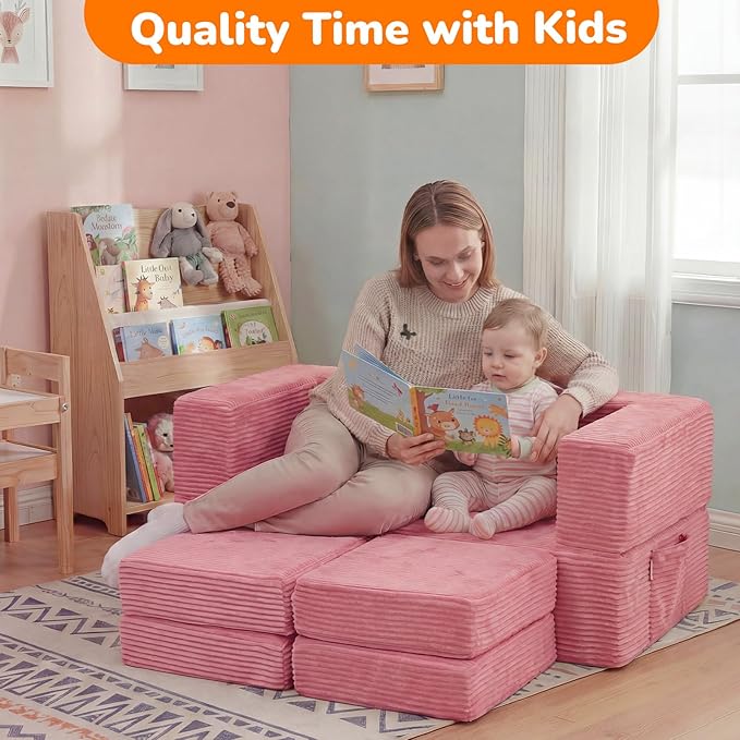 MeMoreCool Pink Corduroy Kids Play Couch, Modular Toddler Couch