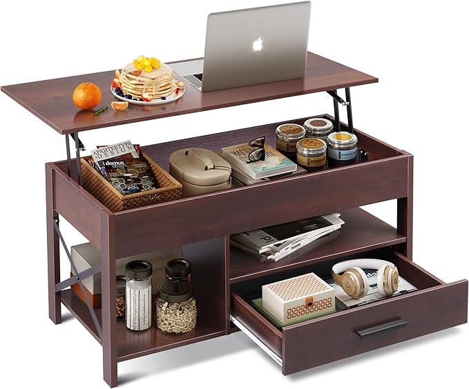 WLIVE Lift Top Coffee Table, Hidden Compartment, Wooden Lift Tabletop Center