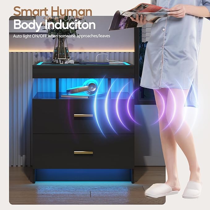 LED Nightstand Set 2 with Wireless Charging Station, Glass Top Smart Bedside