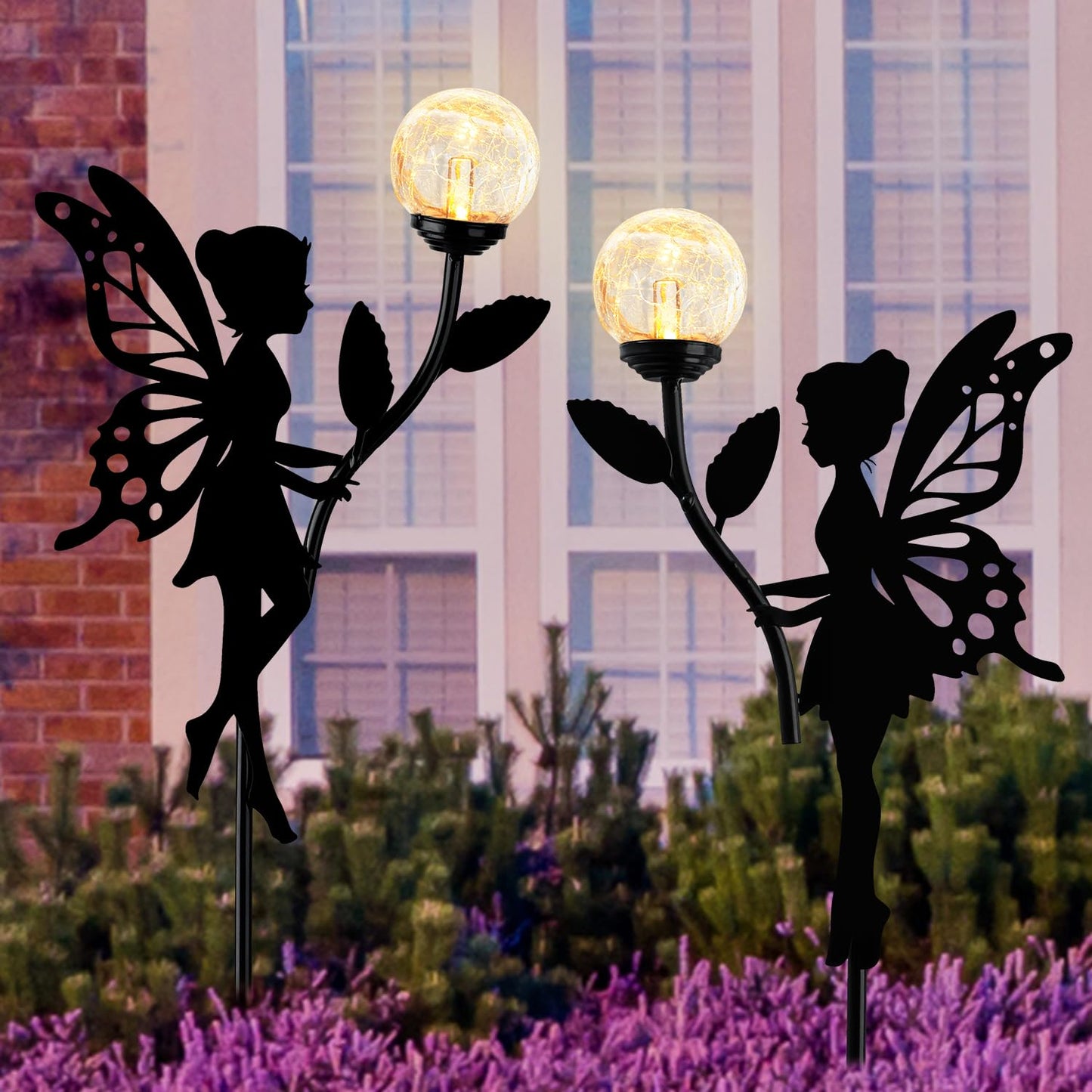 Ouddy Decor 2 Pack Solar Fairy Garden Decor, Metal Statues with Crackle Glass Globe Lights Silhouette Waterproof for Outdoor Lawn Patio Yard Pathway Home Mother's Day Decorations Gardening Gifts