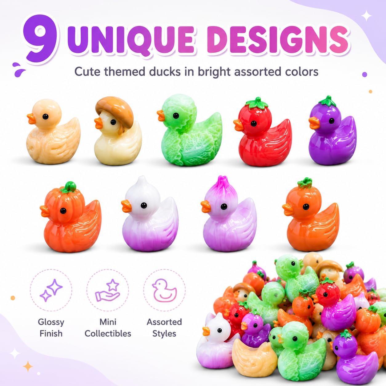 90Pcs Mini Resin Ducks Bulk, Vegetable Fruit Tiny Duck Figurines, Mushroom Pumpkin Strawberry Miniature Figures for Fairy Garden, Micro Landscape, Slime Charms, Cake Toppers, Small Prizes(DUCK)