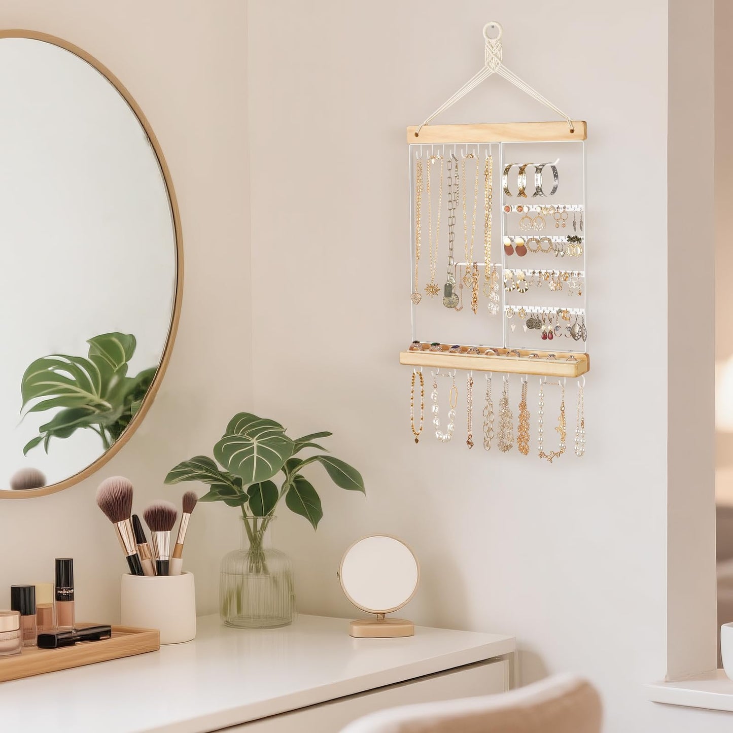 Mkono Key Holder for Wall Decorative Small Macrame Key Holder Boho Home Decor and Hanging Jewelry Organizer Wall Mounted Metal Necklace Holder Wood Shelf with 55 Holes and 7 Hooks Display Rack