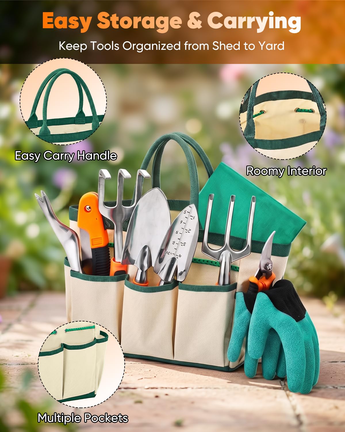 Garden Tool Set Gardening Tools - Heavy Duty Aluminum Tool Kit with Non-Slip Handle, Gardening Gloves and Tool Bag for Weeding, Planting and Pruning, Gifts for Women Mom (Orange Set)