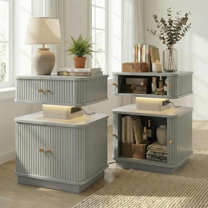 Nightstands Set of 2 with Charging Station, Modern Night Stands Set 2 with