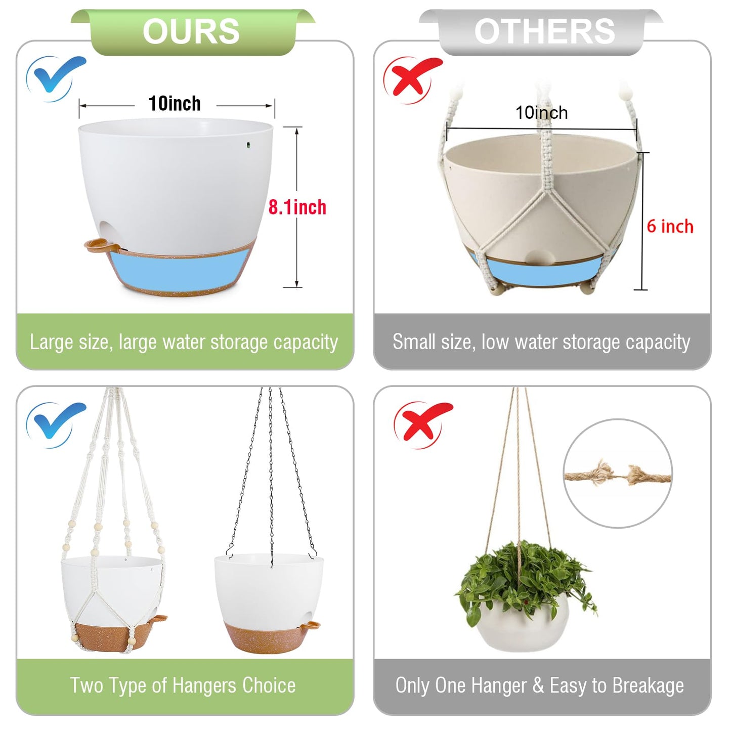 Meowell 10 inch Self Watering Hanging Planters, 2 Pack Hanging Baskets for Indoor Outdoor Plants, Hanging Flower Pots with Drainage Holes & 2 Kinds of Plant Hangers for Garden Home Décor, White Brown