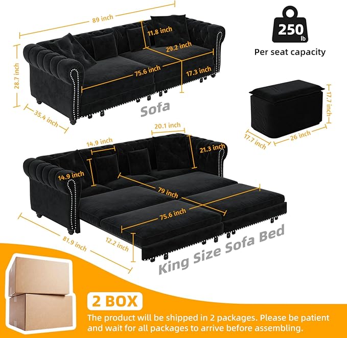 89" Velvet Convertible Sofa Bed Couch