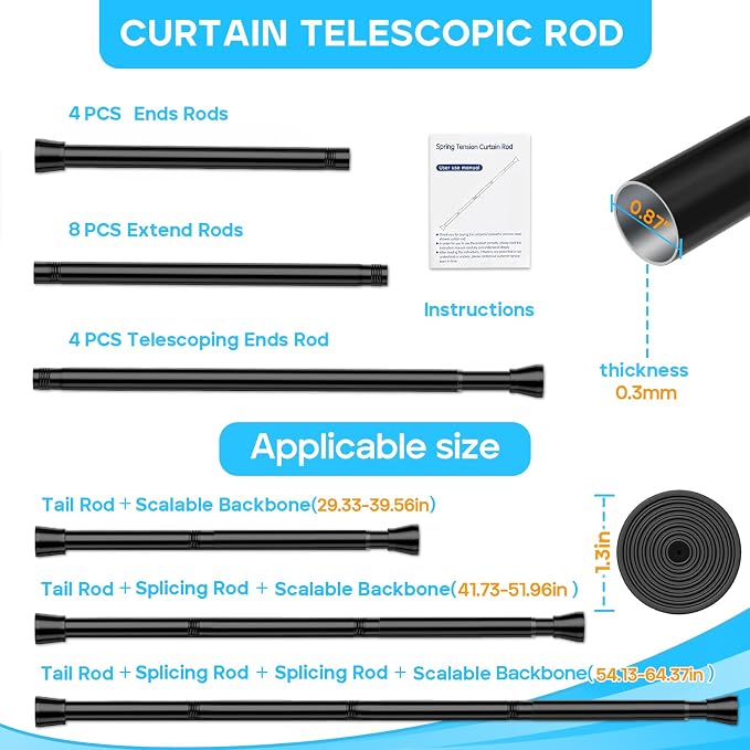 MEXAU 4 Pack Black Shower Curtain Rod 30 To 64 Inch Black Shower Tension Rod 7/8" Adjustable Curtain Rod No Drilling Spring Tension Curtain Rod Shower Rods for Bathroom Windows Doorways Closet