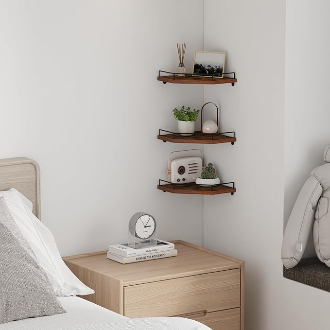 HORLIMER Floating Corner Shelf Wall Mount, 3 Pack Rustic Wood Corner Wall