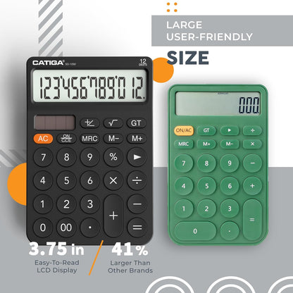 CATIGA 12 Digit Desktop Calculator with Large LCD Display, 4 Funtions Calculator, Round Design Big Button, Solar and Battery Dual Power, Standard Function for Office, Home, School, SD-1292