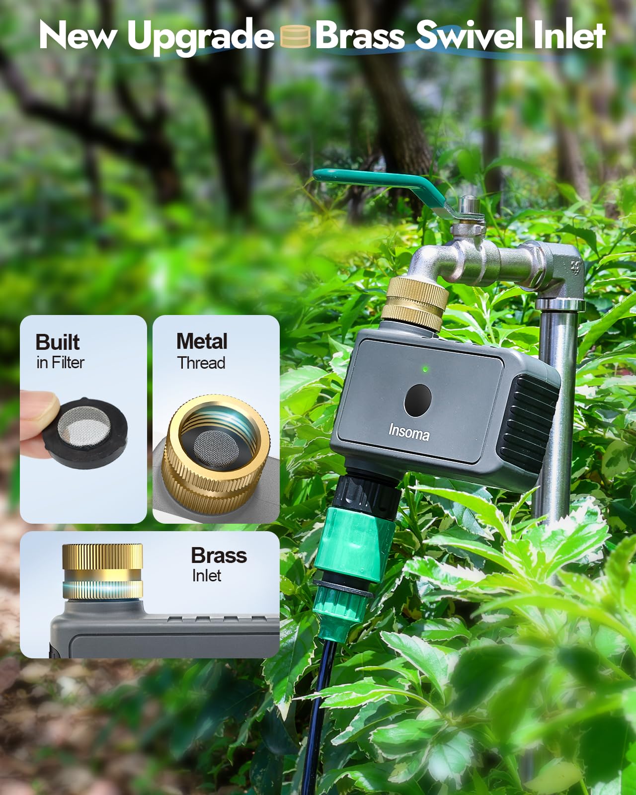 WiFi Water Timer Brass Inlet, 1-Zone Smart Hose Faucet Timer App & Voice Control via 2.4GHz WiFi, Sprinkler Timers w/Auto/Manual/Rain Delay Modes for Garden/Lawn, Works with Alexa & Google Assistant