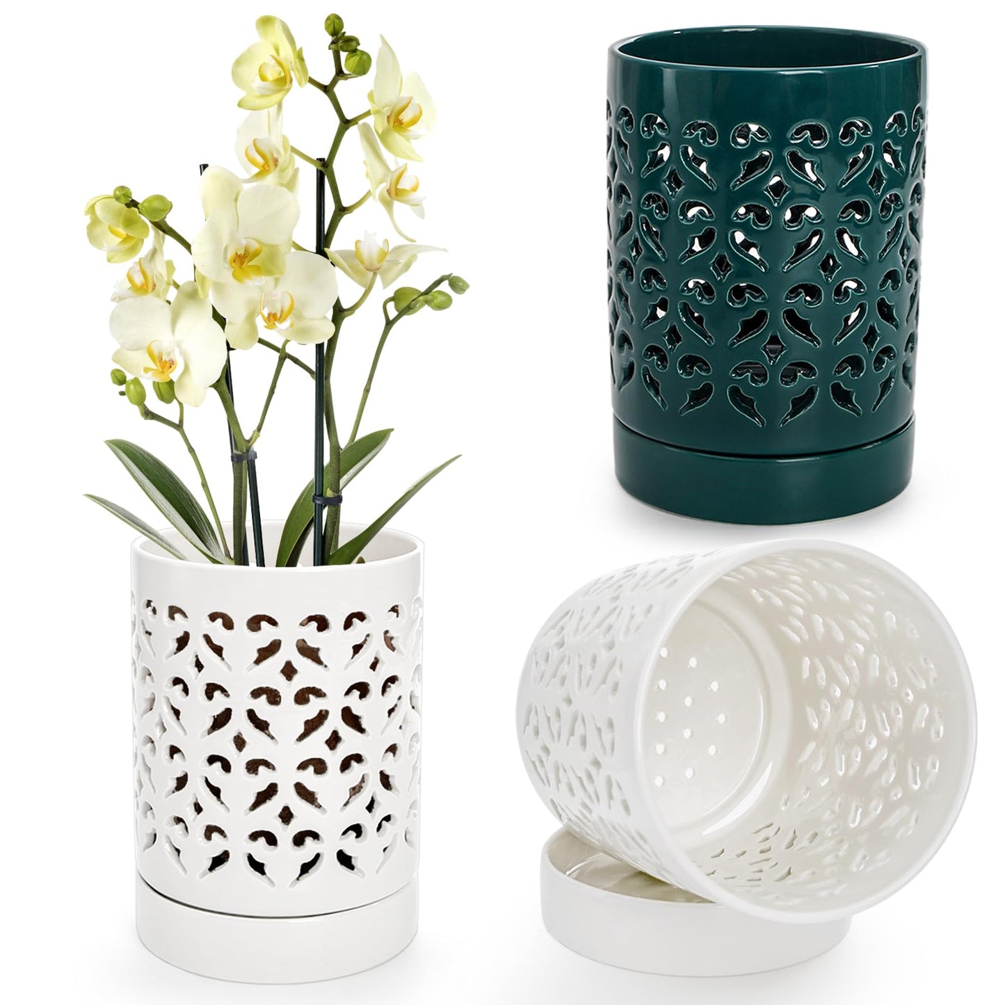 Jucoan 2 Pack Orchid Pots with Holes and Saucer, 4 Inch Ceramic Slotted Orchid Planter Pots for Repotting Indoor Outdoor Plant, Elegant Beige White and Green
