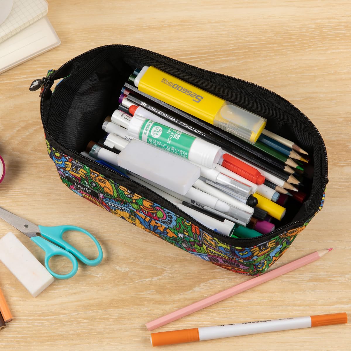 ZIPIT: Lenny Pencil Case - Doodles - Large Storage Capacity Zipper Pouch, Makeup-Stationery Bag, School-Travel, Washable Polyester, Kids-Teens-Adults