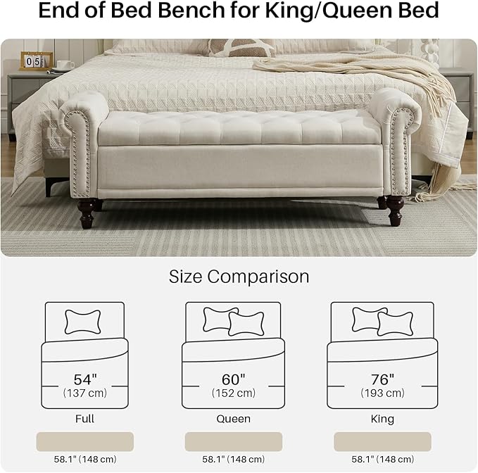 SOFTHION 58.1" Storage Bench Upholstered Linen End of Bedroom Bed Bench Ottoman