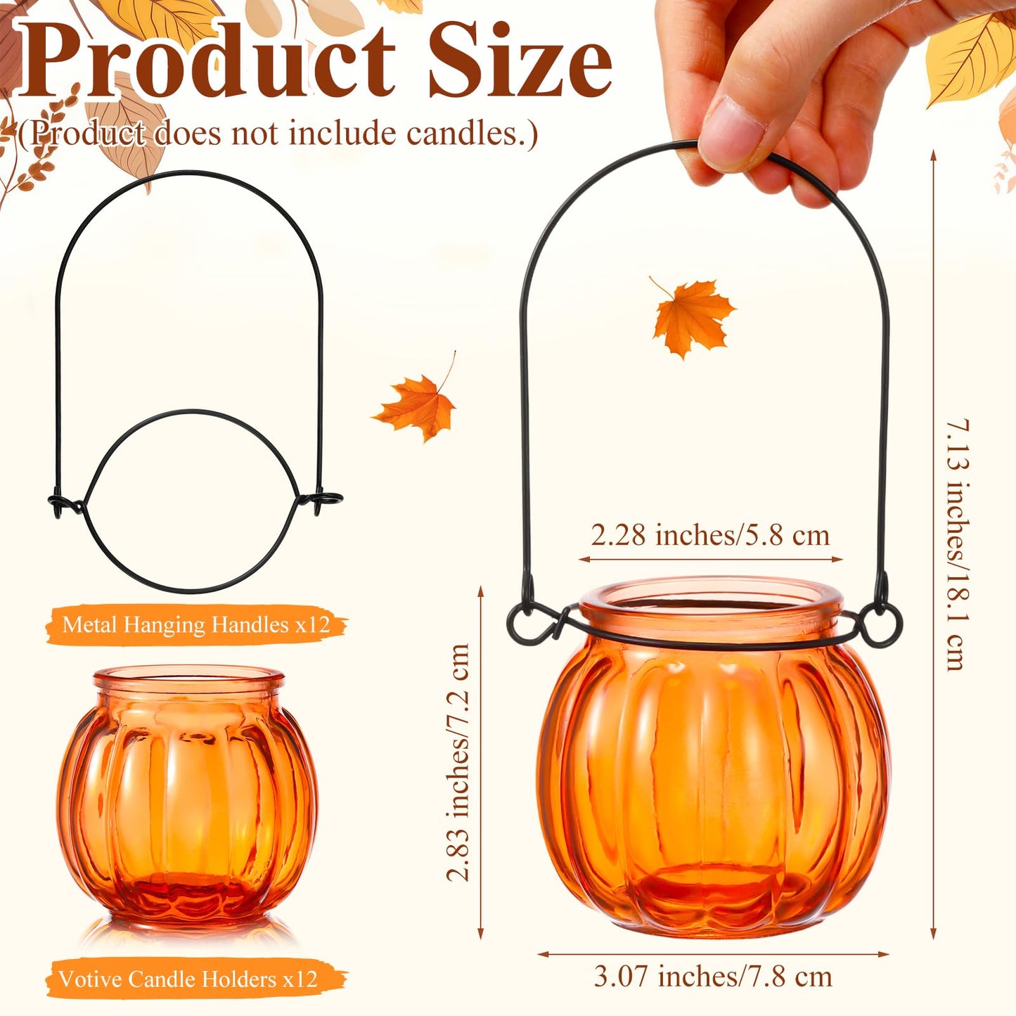 Mumufy 12 Sets Pumpkin Votive Candle Holders Thanksgiving Tea Light Holder Glass Fall Candle Holders with Handle for Thanksgiving Table Centerpiece Decorations Halloween Party Decor(Orange)