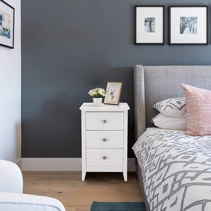 Bonnlo White Nightstand with 3 Drawers, Modern Night Stand