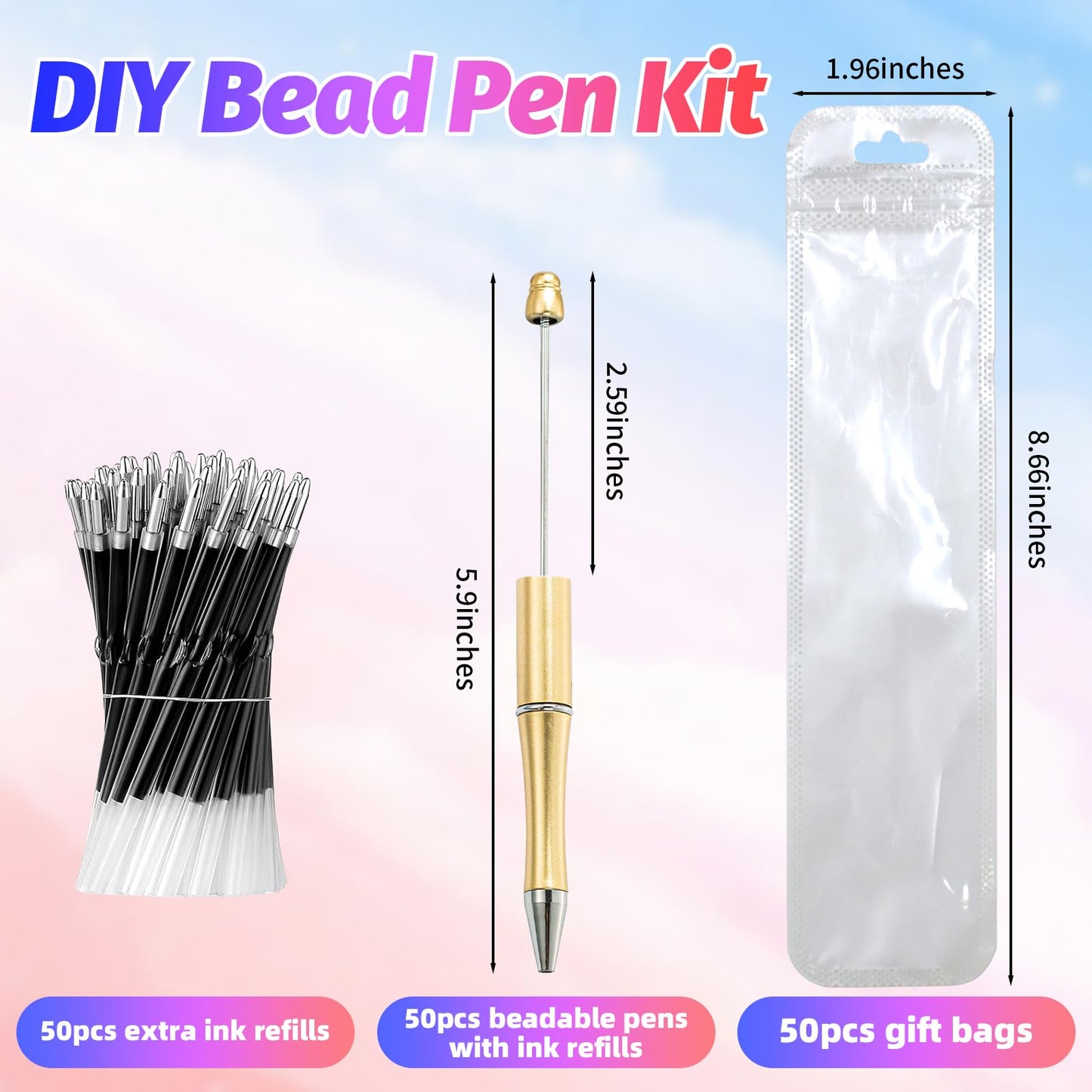 DASTTUIS 150 Pieces DIY Beadable Pen Kit – 50 Plastic Ballpoint Pens with Refills & Bags – School Supplies, Office Accessories & Decorative Items for Students & Teachers (Gold)