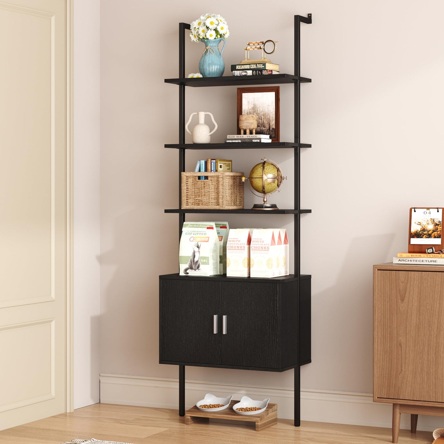 Yusong 73" Tall Bookshelf with Cabinet, Industrial Ladder Wall Mount Shelf Bookcase with Wood and Metal Frame, Plant Shelf Wall Storage Display for Living Room Bedroom, Black Wood Grain