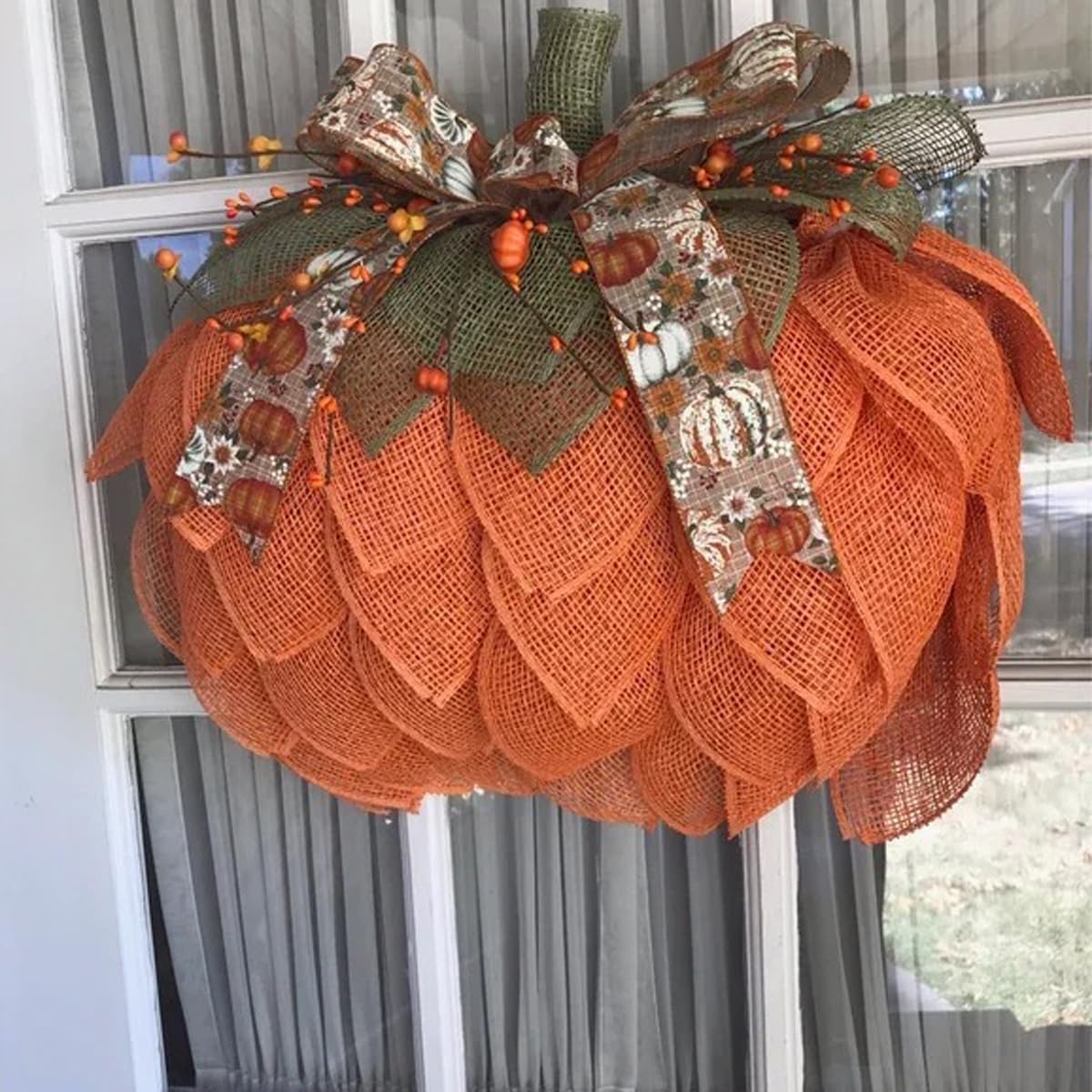 Autumn Burlap Pumpkin Wreath - Farmhouse Fall Decor with Berry Accents, Halloween Thanksgiving Wreath for Front Door and Wall Decor