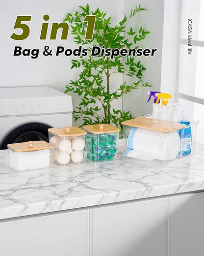 iCASA Trash Bag and Pod Dispenser - 5 in 1 Acrylic Under Sink Organizer with Bamboo Lid, Holds Garbage Bags, Dishwasher Pods, Laundry Tabs, Dryer Sheets & Balls for Kitchen, Pantry, Laundry Room