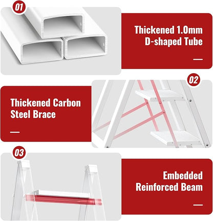 2 Step Ladder, Aluminum Folding 2 Step Stool with Anti-Slip Sturdy and Wide Pedal, Lightweight Portable Stepladder for Home and Kitchen Use Space Saving, Cream White, 330 lbs