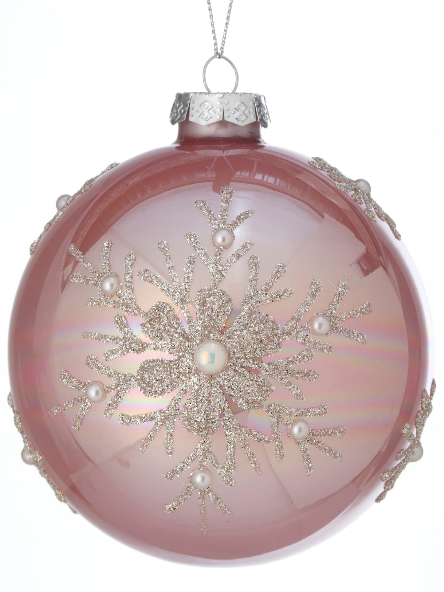 Regency International Bead and Pearl Snowflake Ball Hanging Ornament, 4-inch Diameter, Glass, Pink Champagne