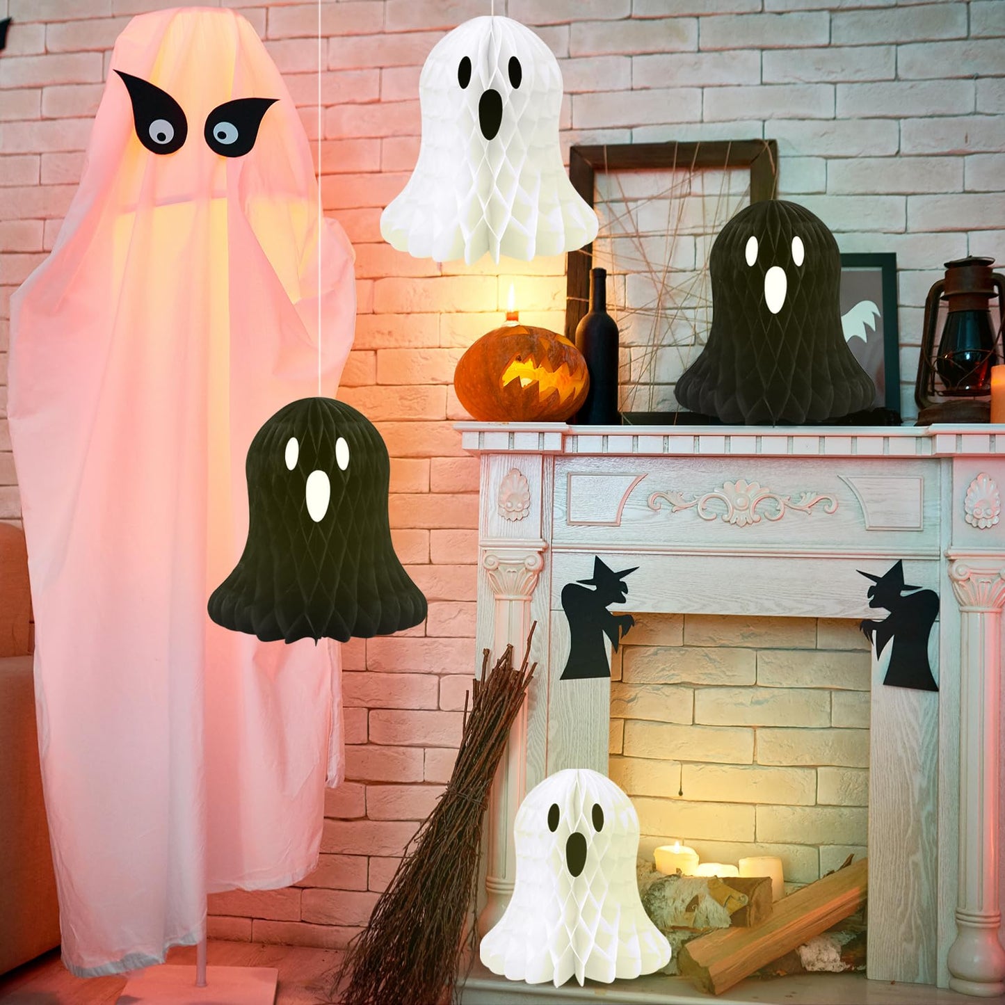10 PCS Halloween Ornaments Hanging Cute White Black Ghost Honeycomb Decoration Halloween Tree Decorations Paper Ghost Table Decor for Home Office Classroom Holiday Party Supplies