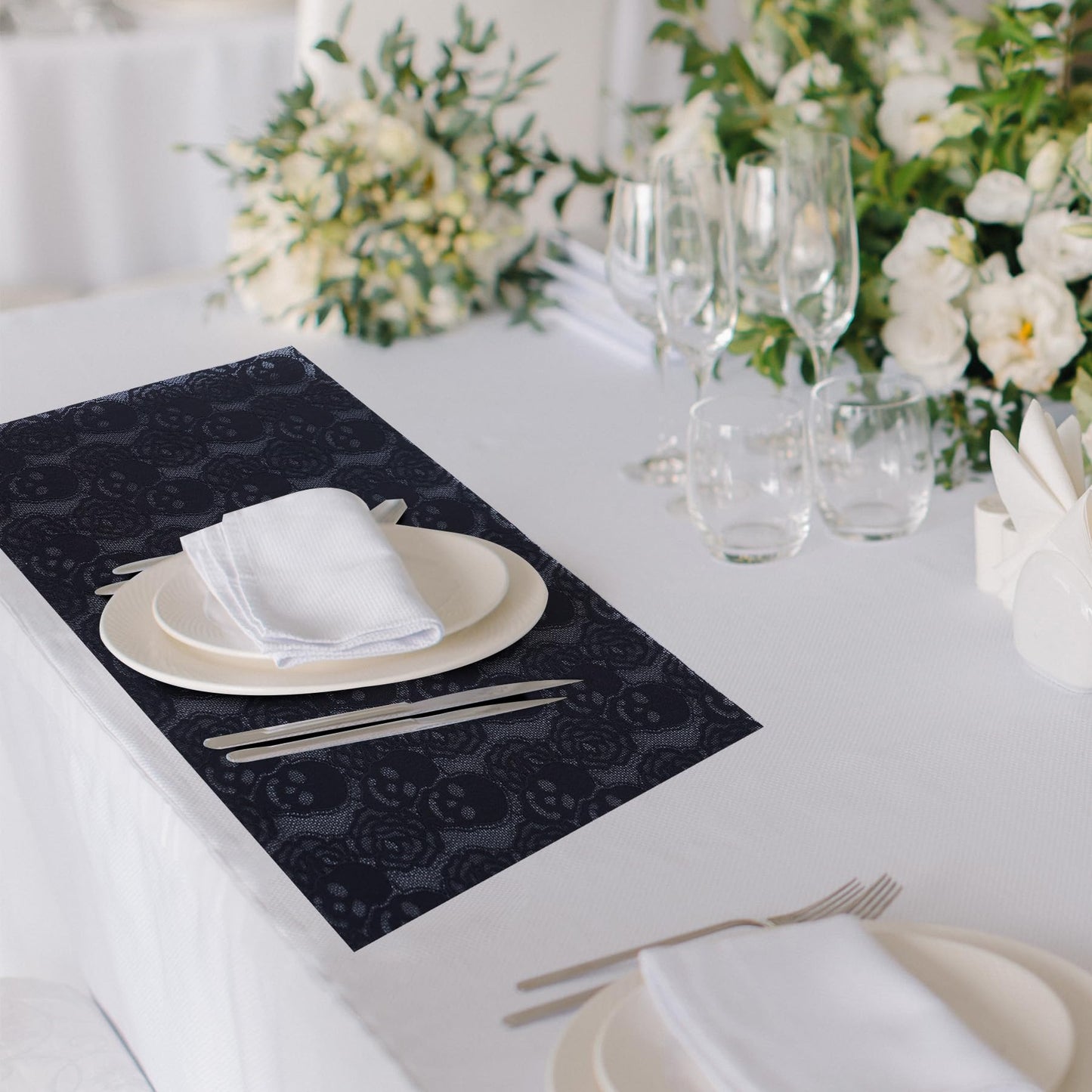6pcs Placemats- Black lace Placemats 12 * 17 inches fo Halloween Decor, Skull Rose Design Dinning Table mats for Cocktail Party, Halloween, Wedding, Tea Party and Home Decor Projects. (6 pcs)
