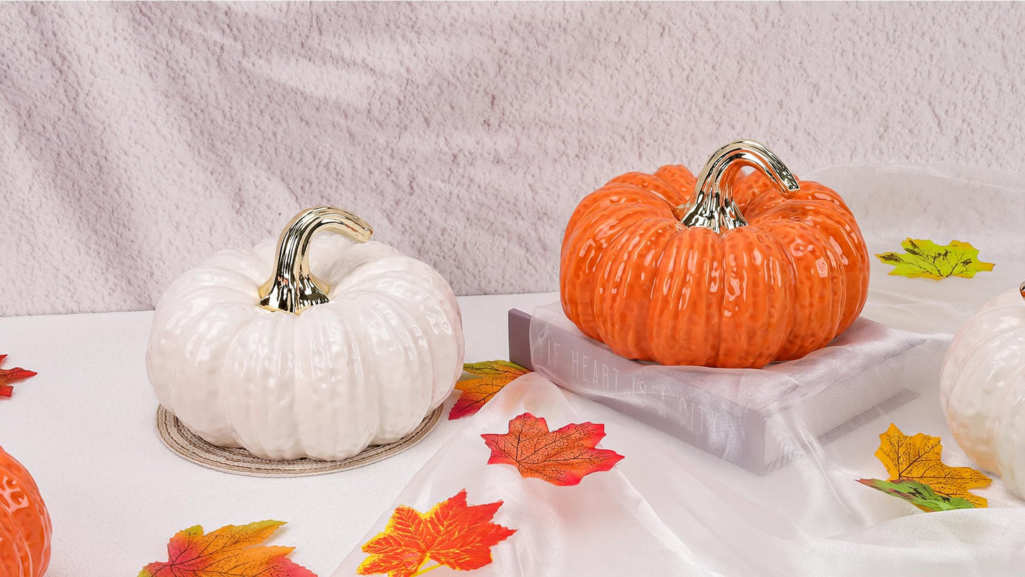 Quancru 7.9 Inch Fake Pumpkin Decorations Ceramic Figurines White Realistic Artificial Pumpkins Model for Outdoor Halloween Fall Harvest Thanksgiving Kitchen Tabletop Centerpiece Crafts - 1 PCS