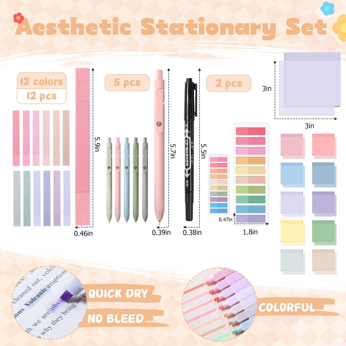 KOUDGY 49Pcs Book Annotation Kit - Aesthetic School Supplies with Cute Pen Case Highlighters Gel Pens and Marker, Sheets Transparent Index Tabs Sticky Notes Bible Study Supplies(Black)