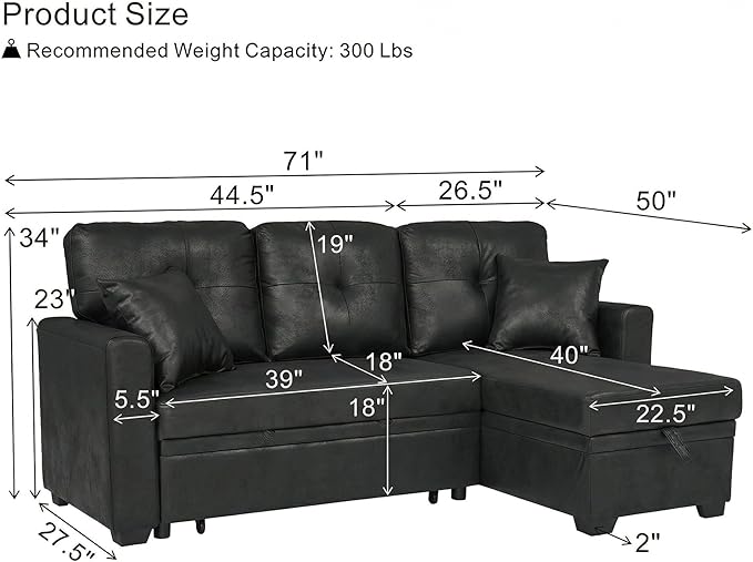 L Shaped Sectional Couch with Storage and Pull Out Bed, 3 Seater Sleeper Sofas