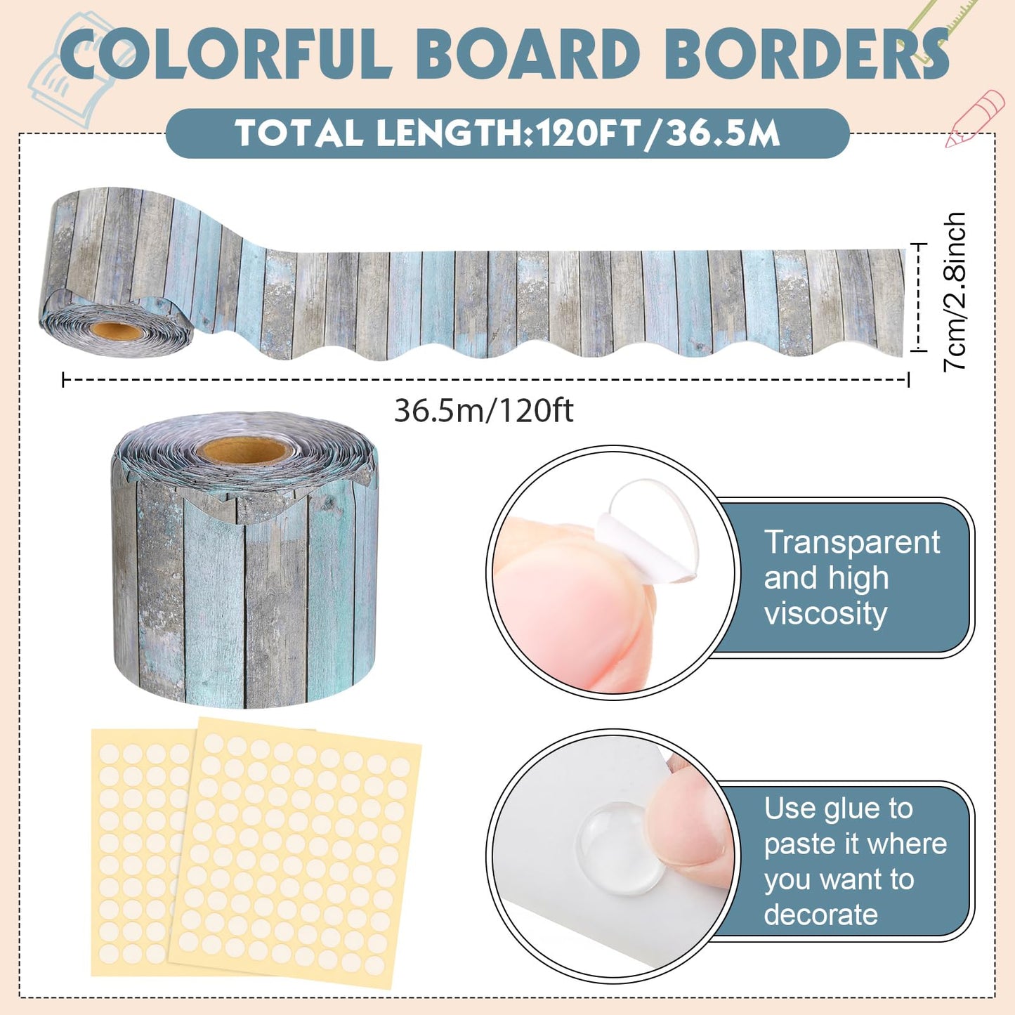 Tenceur 120 Feet Bulletin Board Borders Wooden Pattern Straight Rolled Border Trim Wood Straight for Classroom Schools Office Decoration(Gray Blue)