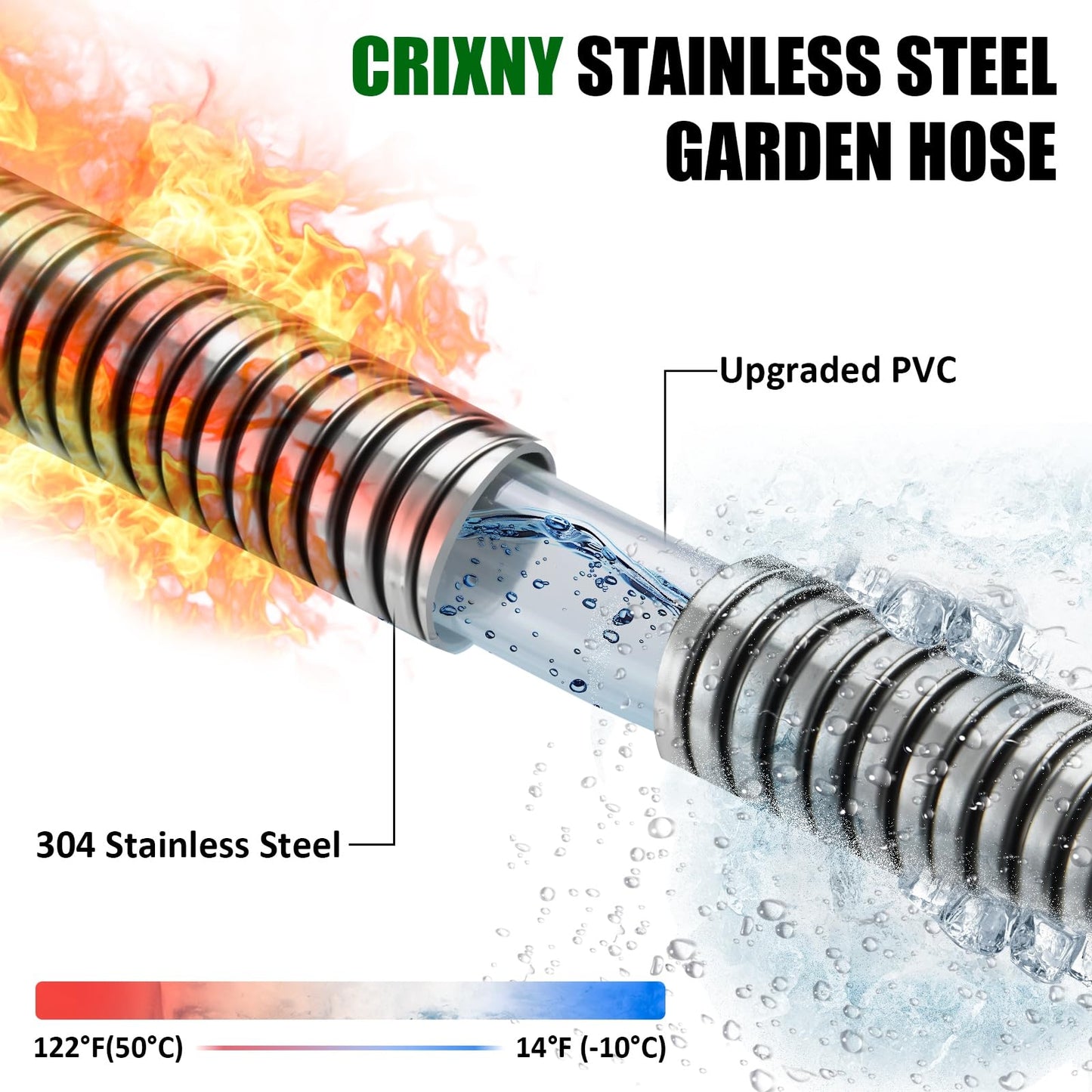 100ft Garden Hose, Heavy Duty Metal Water Hose 100 ft with 10 Function Nozzle, Flexible No-Kink, Pet-Proof & Puncture-Proof Stainless Steel Outdoor Hose for Yard