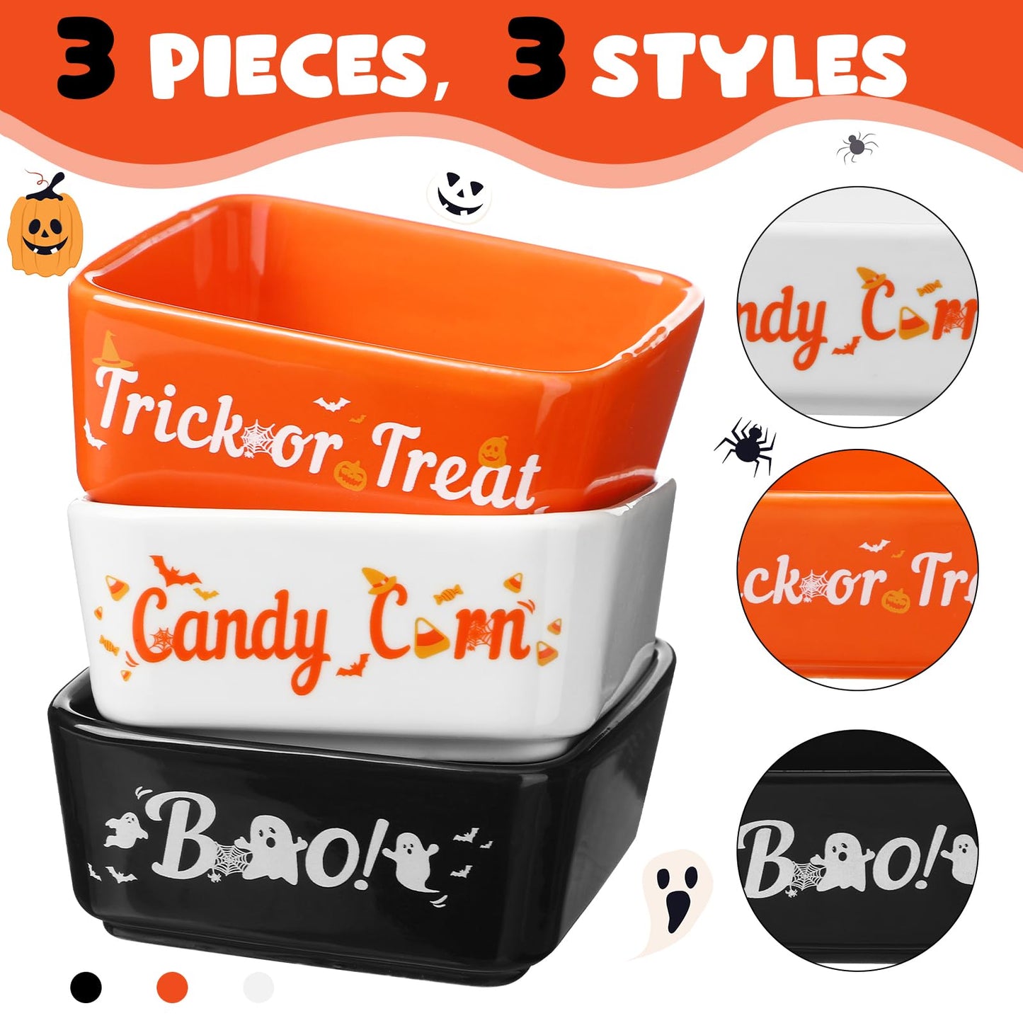Tanlade 3 Pcs Halloween Candy Bowl Mini Dish for Tiered Tray Decoration, Ceramic Candy Corns Bowl, Party Supplies Holder for Farmhouse Home Housewarming Gift