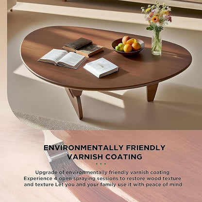 Solid Wood Triangle Coffee Table,Unique Mid Century Modern Oval Coffee Table,Irregular Geometric Tea Tables for Home Living Room with Wooden Tabletop and Reinforced Legs Walnut 35" L x 24" W x 16" H