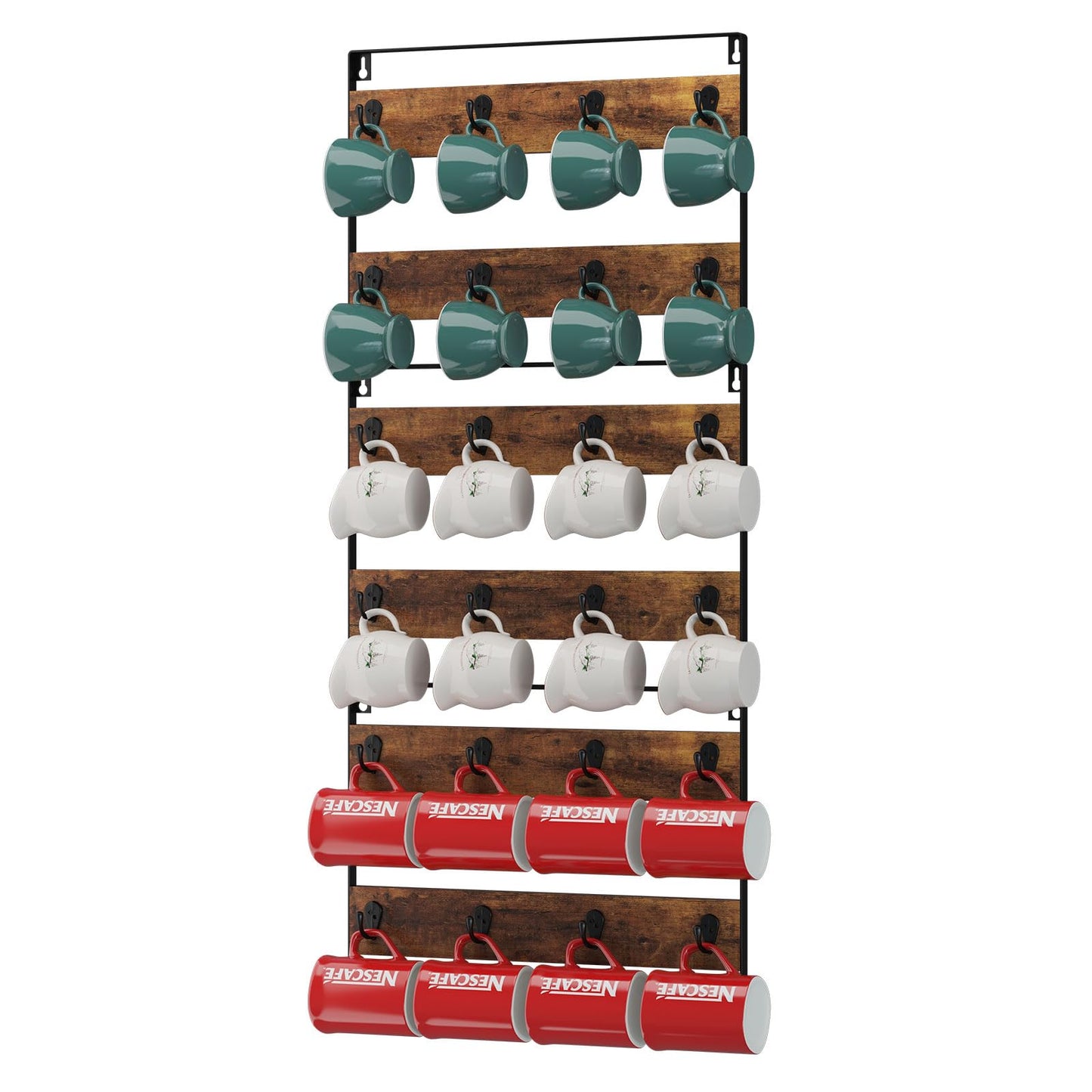 IBUYKE Mug Racks for Wall,Set of 3, 24-Hook Large Coffee Mug Holder Wall Mounted, Rustic Wood Coffee Mug Rack Display Organizer for Kitchen, Home,Bar, Coffee Station,Rustic Brown TBJ005H-3