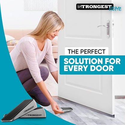 STRONGEST HOME Stoppers for Bottom of Door – Heavy Duty Metal Rubber Door Stopper, Non-Slip Door Stop for Heavy Doors, Works on Wood, Tile & Carpet Floors Wedge Chrome 4 PCs + 4 White Wall Protectors