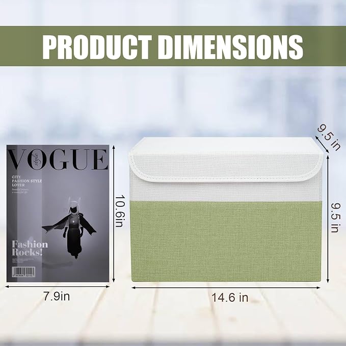 Bagnizer Large 22 Quart Linen Fabric Foldable Storage Bin Cube Organizer Basket with Flip-Top Lid & Handles, Clothes Blanket Box for Home, Office, Closet, Green & White, 4 Pack 14.6 x 9.5 x 9.5