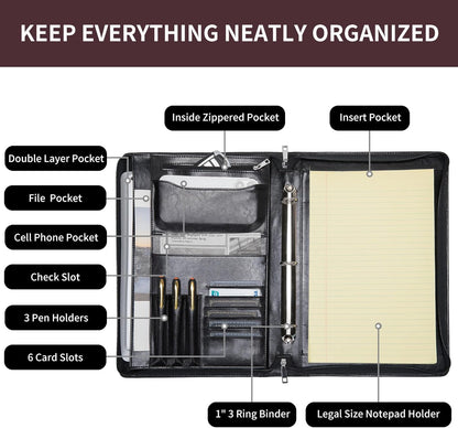 Personalized Vegan Leather 3 Ring Binder Portfolio, Custom 8.5 x 14 Legal Size Pad Padfolio, Hidden Handle, 15” Laptop Organizer, Zip Professional Business Folio, Black