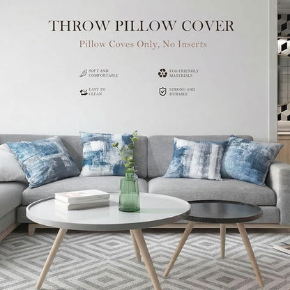 Set of 4 Blue and Grey Abstract Art Artwork Pillow Cover 16 x 16 Inch, Gallery Modern Decorative Throw Pillows Cushion Cover for Bedroom Sofa Living Room