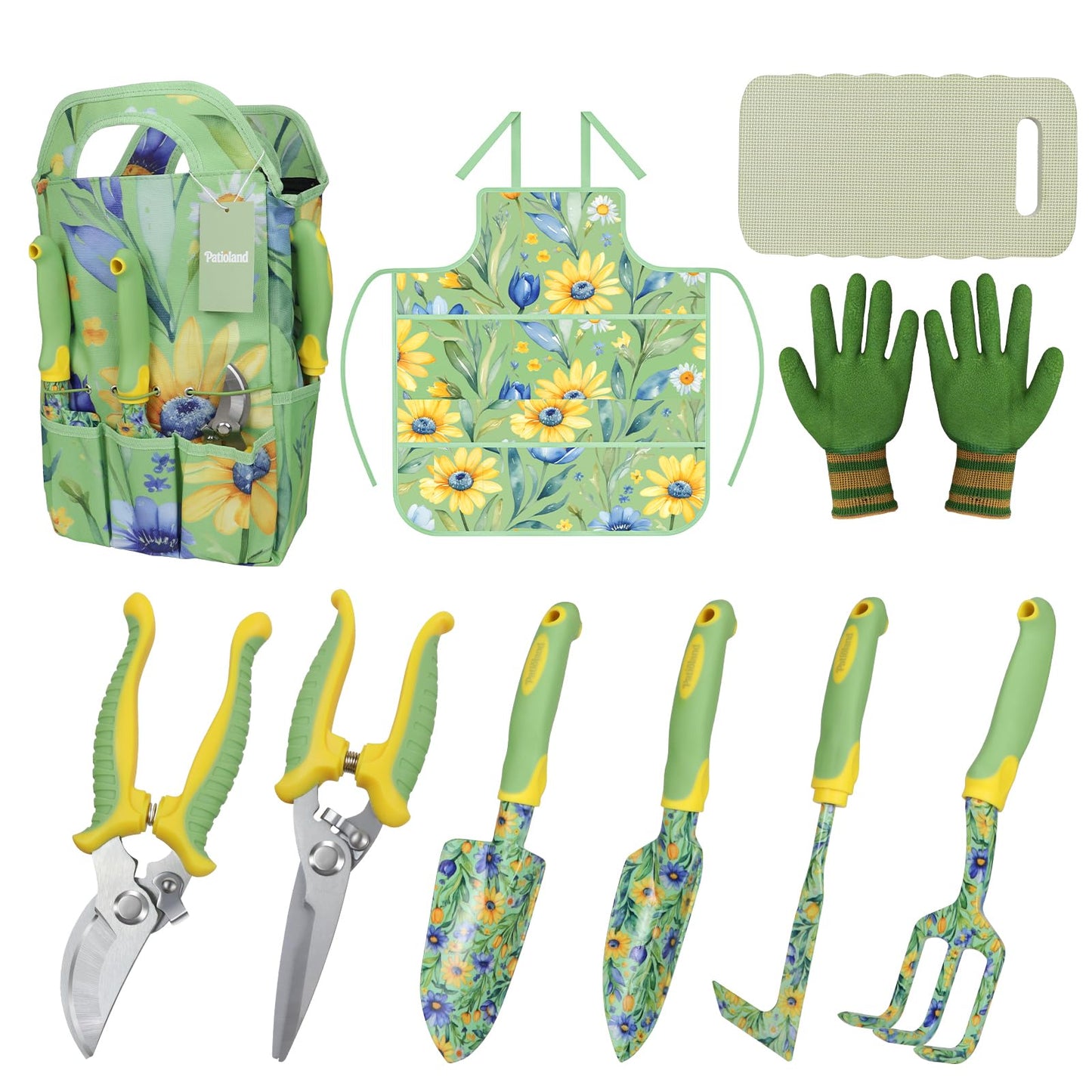 Patioland 10-Piece Garden Tool Set – Green Floral Print Gardening Hand Tools with Non-Slip Handles, Heavy Duty Rust-Proof Aluminum Tools, Organizer Tote Bag, Ideal Gardening Gifts for Women & Grandma