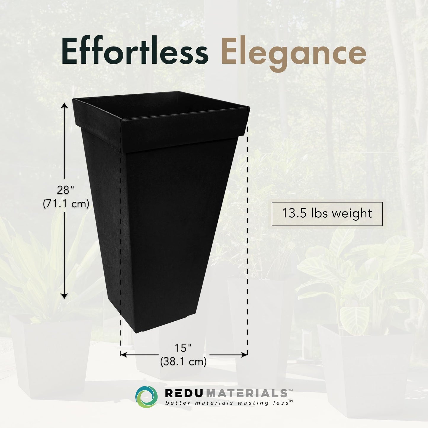 Tierra Verde Indoor & Outdoor Self-Watering Square Planter, Symphony, 15" x 28", Black - Planting Containers for Plants and Flowers - Gardening and Landscaping Accessories