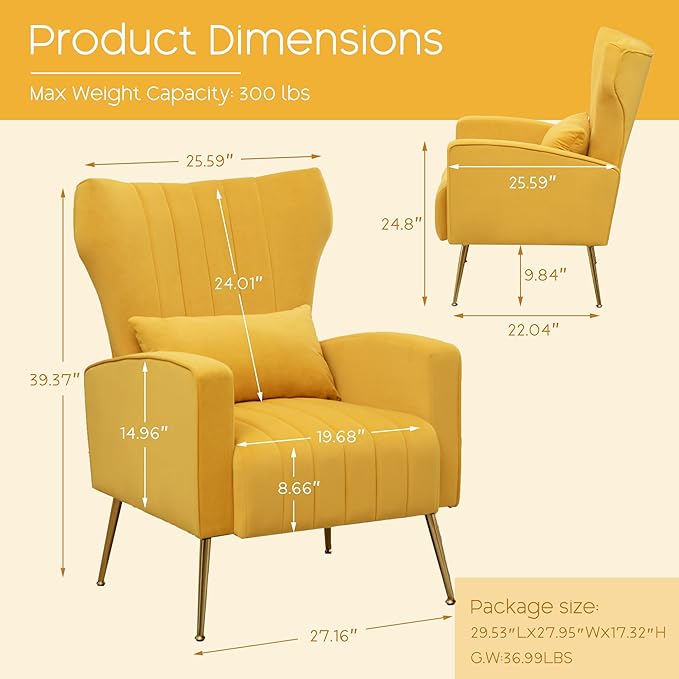 Modern Accent Chairs Set of 2, Comfy Wingback Armchair