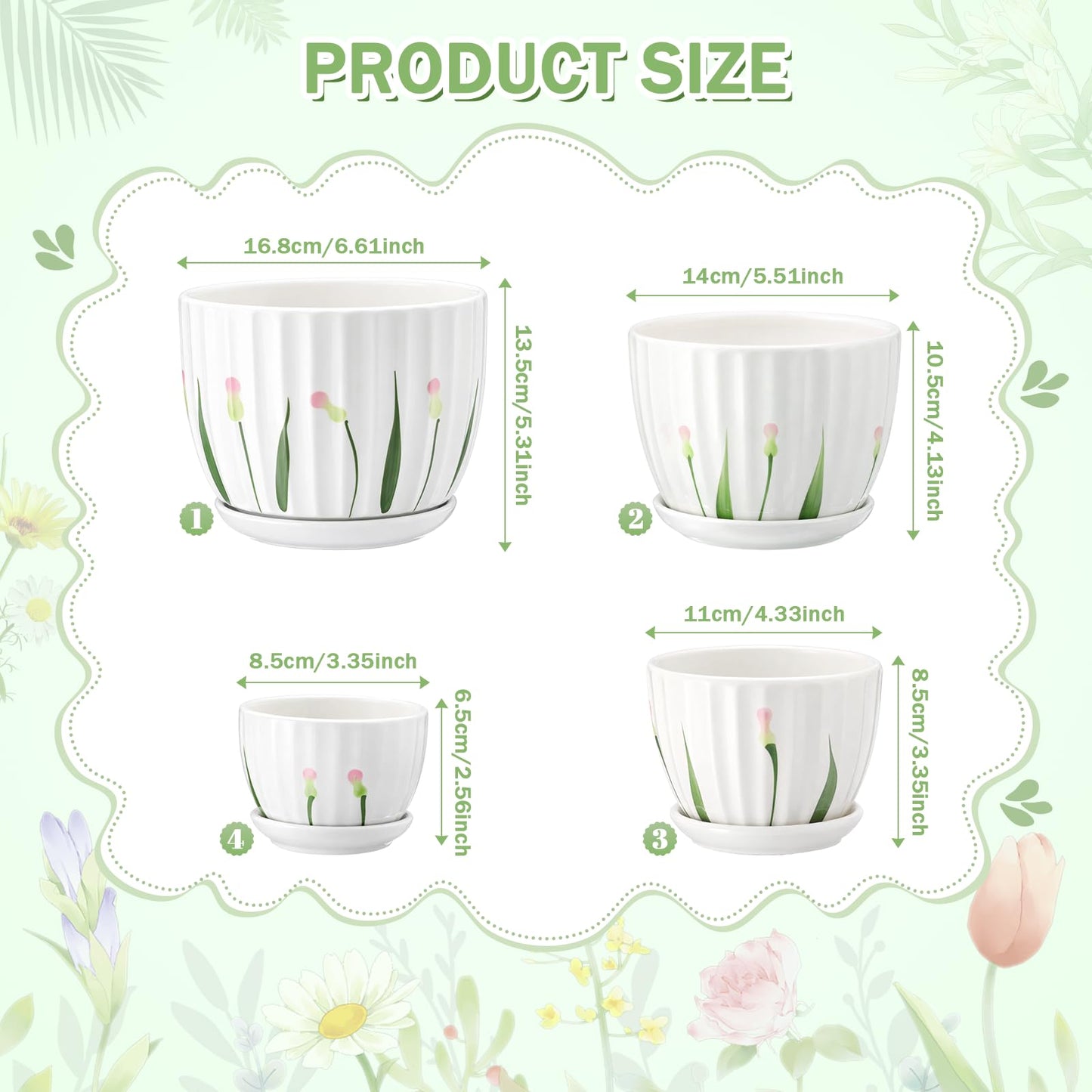 Acellegic 4 Pack Ceramic Orchid Pots with Drainage Holes and Tray 3.35+4.33+5.51+6.61 Inch Ceramic Plant Pot White Garden Planter for Indoor Outdoor Home Decor Gifts for Plant Lovers