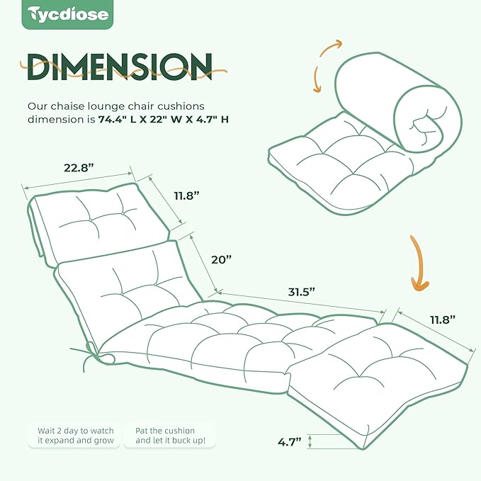 Outdoor Chaise Lounge Chair Cushion Waterproof 74.4 x 22 x 4.7 Inches Memory