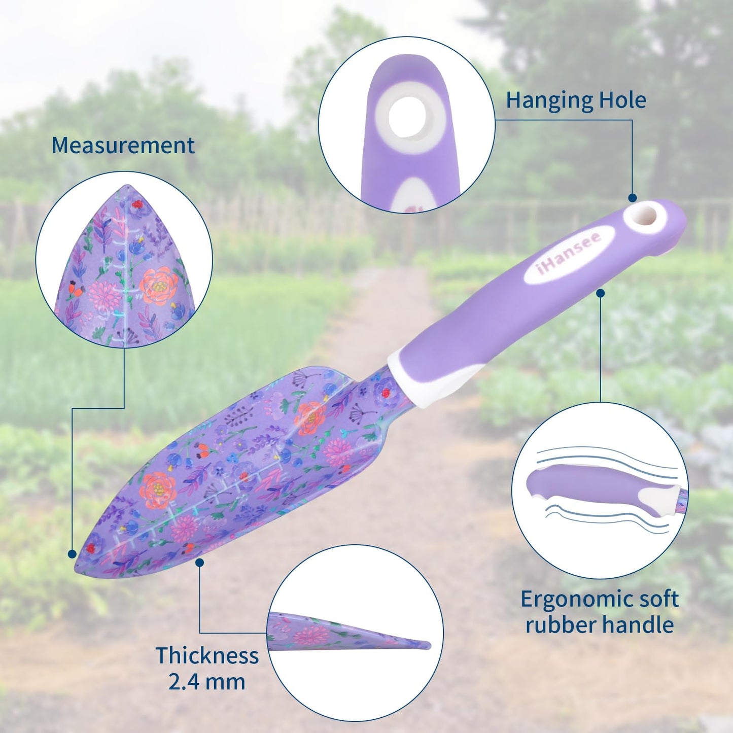 iHansee Purple Garden Tool Sets 10-Piece, Aluminum Alloy Steel Hand Tools w/Non-Slip Ergonomic Handle, Floral Print Garden Supplies Organizer Handbag, Cute Gardening Tools Gift for Women Grandmother