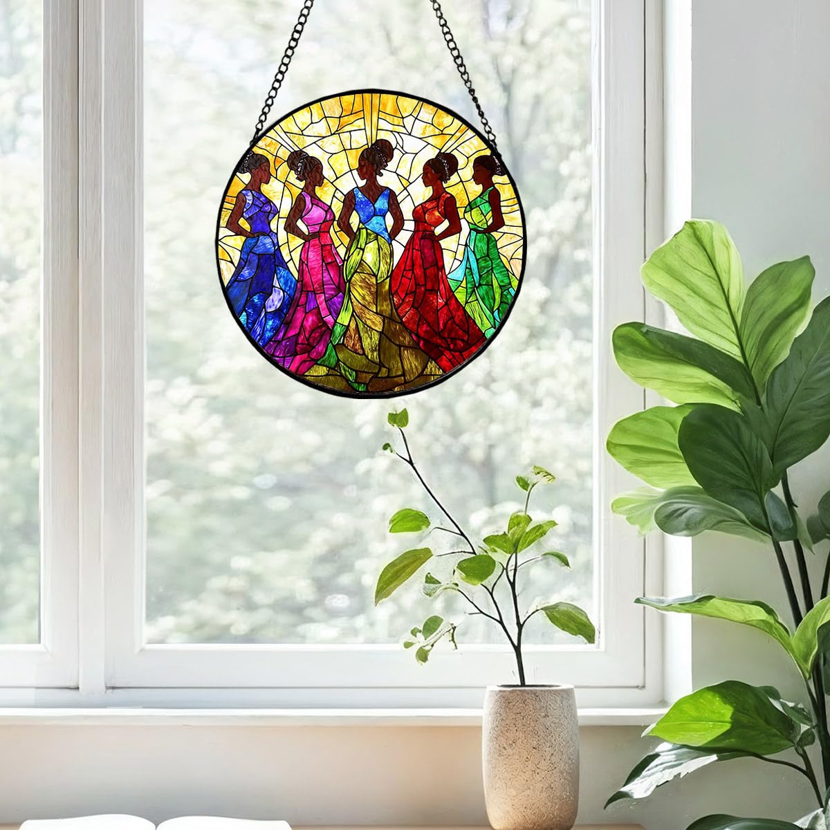 Greatingreat Stained Glass Window Hanging, Home Room Decor 7.8 Inch African American Women Sun Catchers Indoor Window, Cultural Wall Art Home Decor for Women Mother's Day