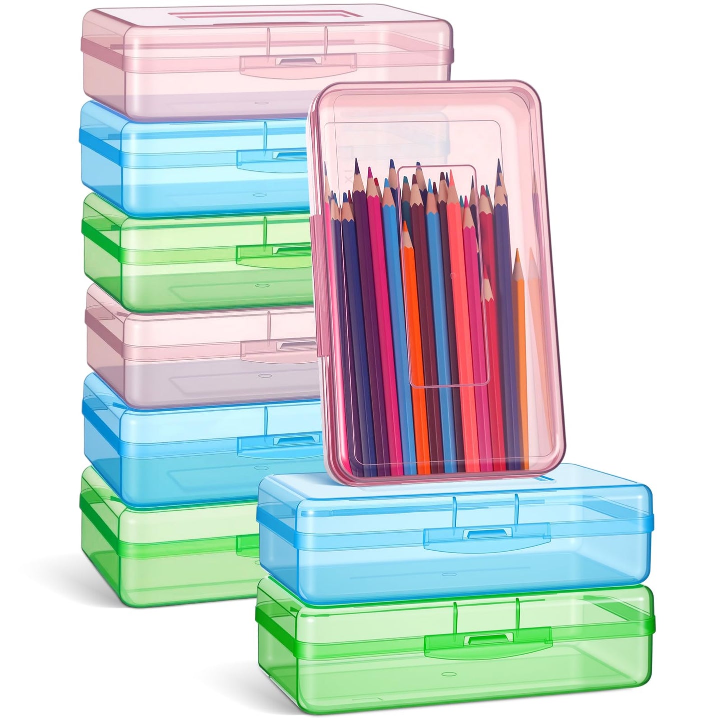 Fainne 24 Pack Pencil Boxes for School Clear Plastic Pencil Case Large Plastic Crayon Box Stackable Classroom Stationery Organizer School Supplies (Light Pink, Light Blue,Mint Green)